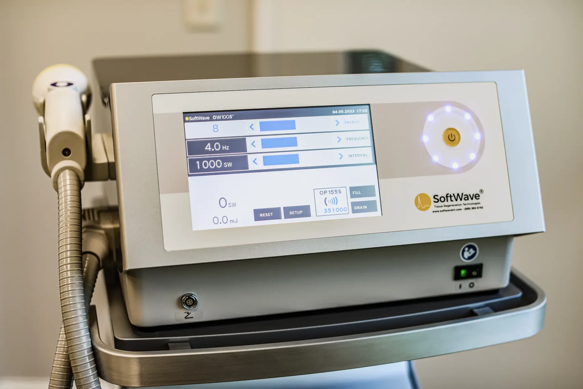 Softwave-machine-1 Medical device with touchscreen and controls.